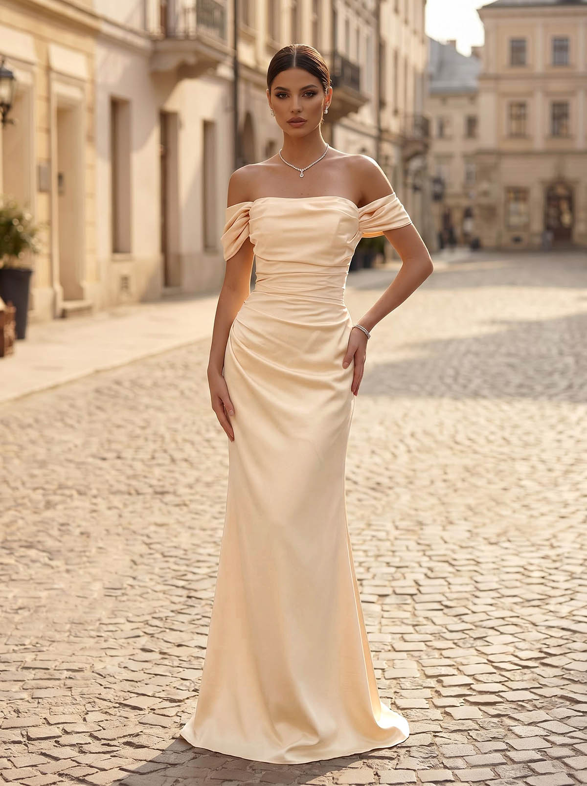 Sheath/Column Off-The-Shoulder Floor-Length Charmeuse Evening Dresses