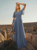 A-Line Scoop Neck Short Sleeves Floor-Length Chiffon Bridesmaid Dresses