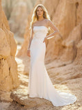 Sheath/Column Scoop Neck Long Sleeves Sweep Train Crepe Satin With Beading Wedding Dress