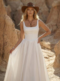 A-Line Square Neckline Sleeveless Court Train Satin Wedding Dresses With Pleated
