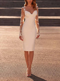 Sheath/Column Sweetheart Long Sleeves Knee-Length Elastic Satin Bride Wedding Dress With Appliques Lace