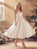 A-Line V-Neck Sleeveless Satin Tea-Length Wedding Dress With Pockets