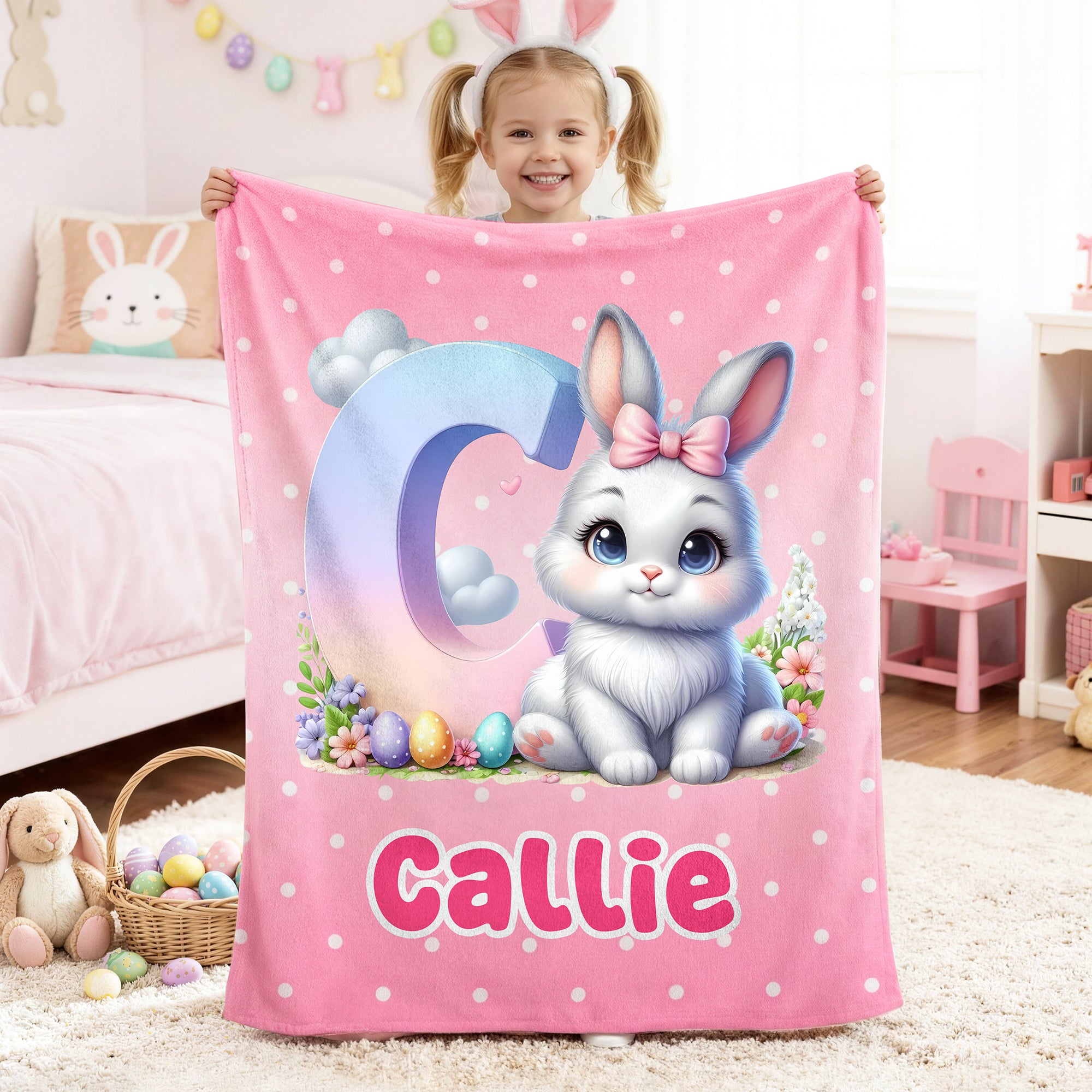 Huevos de Pascua personalizado lindo conejito inicial de lunares multicolor suave manta con nombre decoración del hogar Pascua regalo para niños familia
