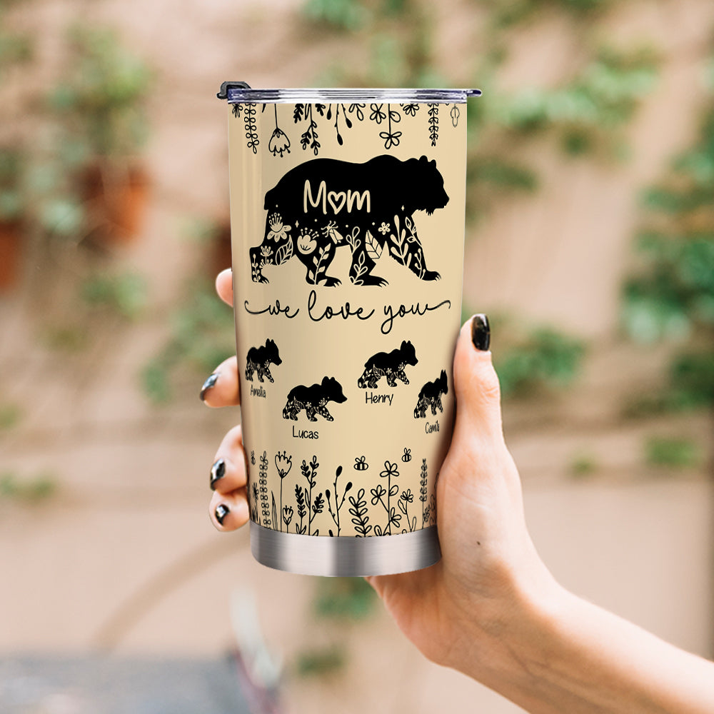 Vaso Personalizado Mamá Osa 20 oz con 1-12 Nombres de Niños Oso y Pajita Día de la Madre Cumpleaños Regalo para Mamá Abuela