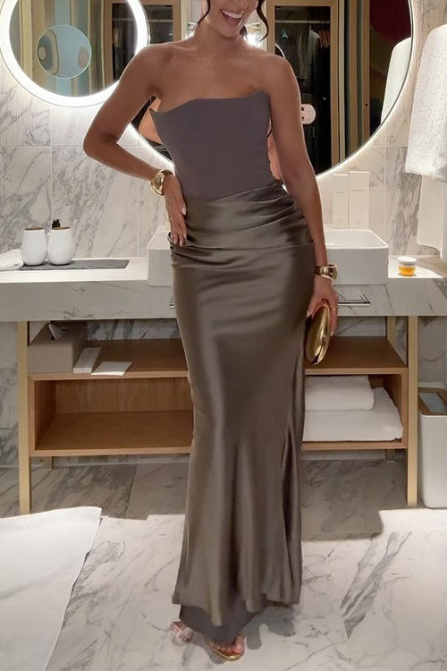 Strapless Patchwork Satin Bodycon Maxi Party Dress
