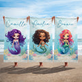 Adorable toalla de playa personalizada de sirena de dibujos animados, de secado rápido y gran tamaño, con nombre, para regalar a las niñas en sus vacaciones de verano en la playa.
