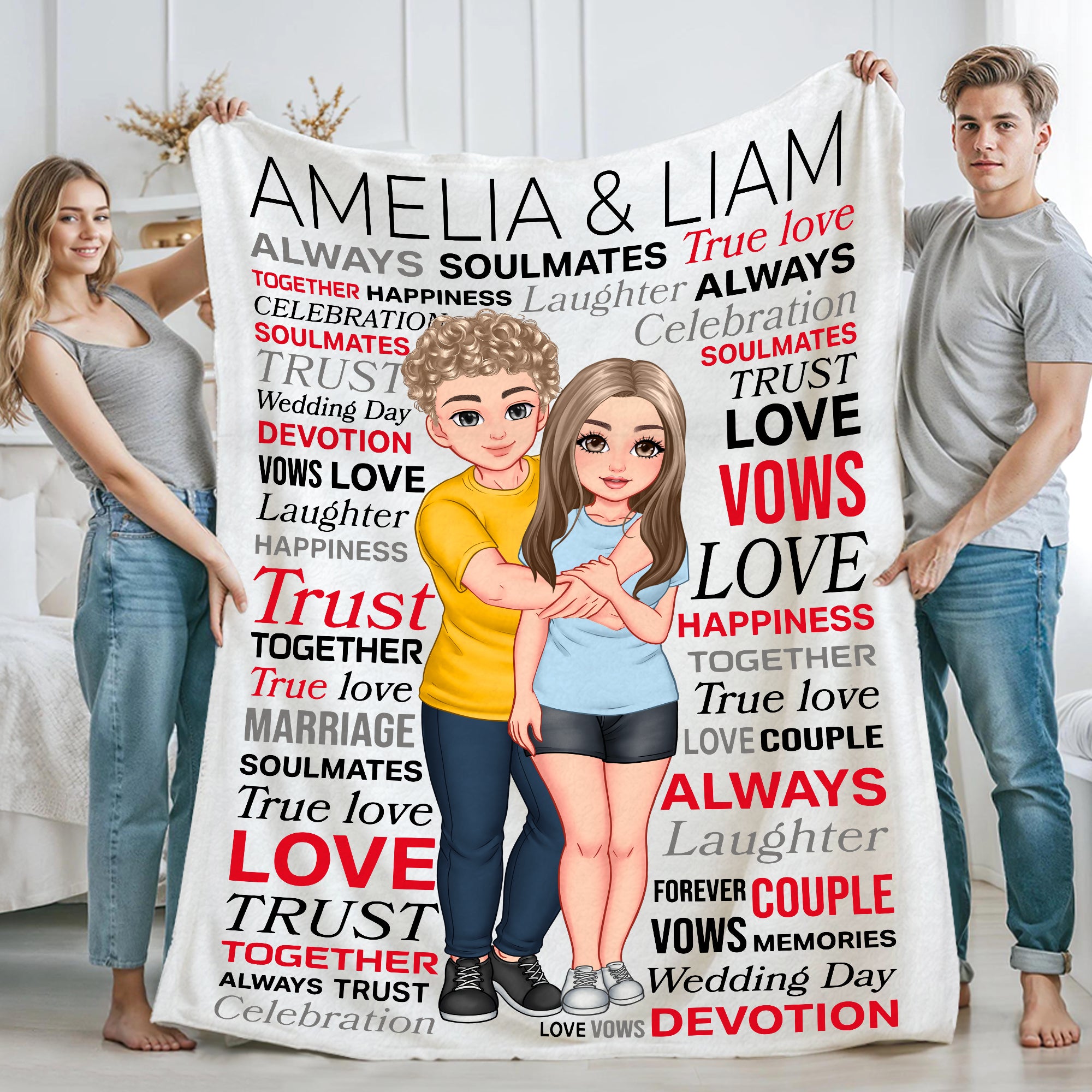 Abrazo personalizado Personaje de dibujos animados Nube de palabras Suave manta con nombre de la pareja Decoración para el hogar Cumpleaños Día de San Valentín Regalo para la pareja