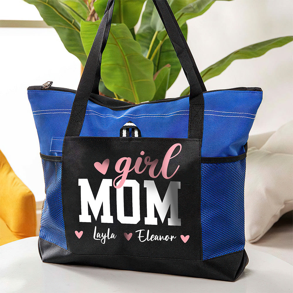 Bolsa de asas grande personalizada con nombres y bolsillos de malla para niña, niño y mamá con motivo de amor Regalo de cumpleaños para la abuela y el día de la madre