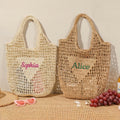 Personalizado Multicolor Bordado Nombre Raffia Tejido Hueco Bolsa Tote Reutilizable Playa Viaje Accesorio Fiesta Nupcial Día de la Madre Regalo para Mujer