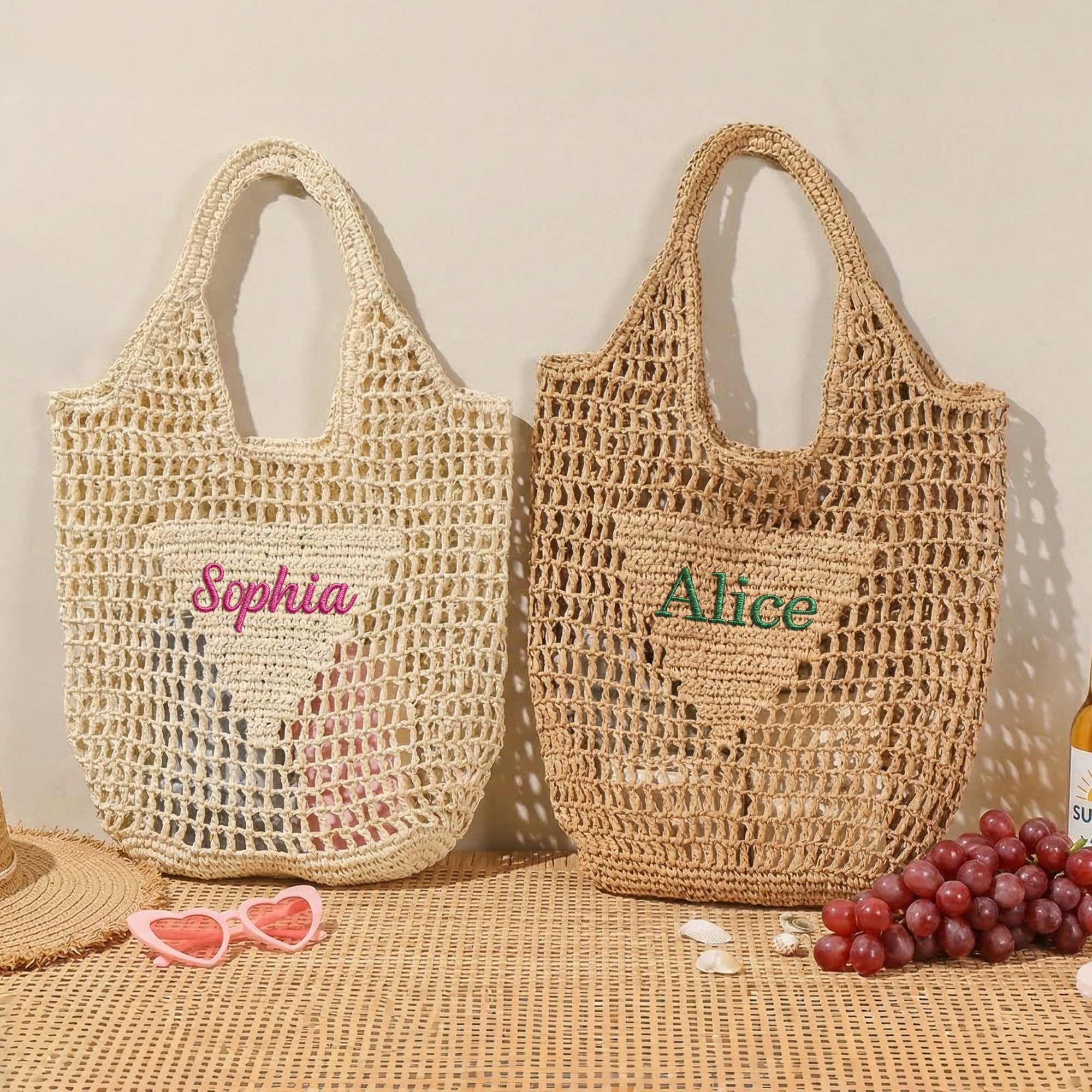 Personalizado Multicolor Bordado Nombre Raffia Tejido Hueco Bolsa Tote Reutilizable Playa Viaje Accesorio Fiesta Nupcial Día de la Madre Regalo para Mujer