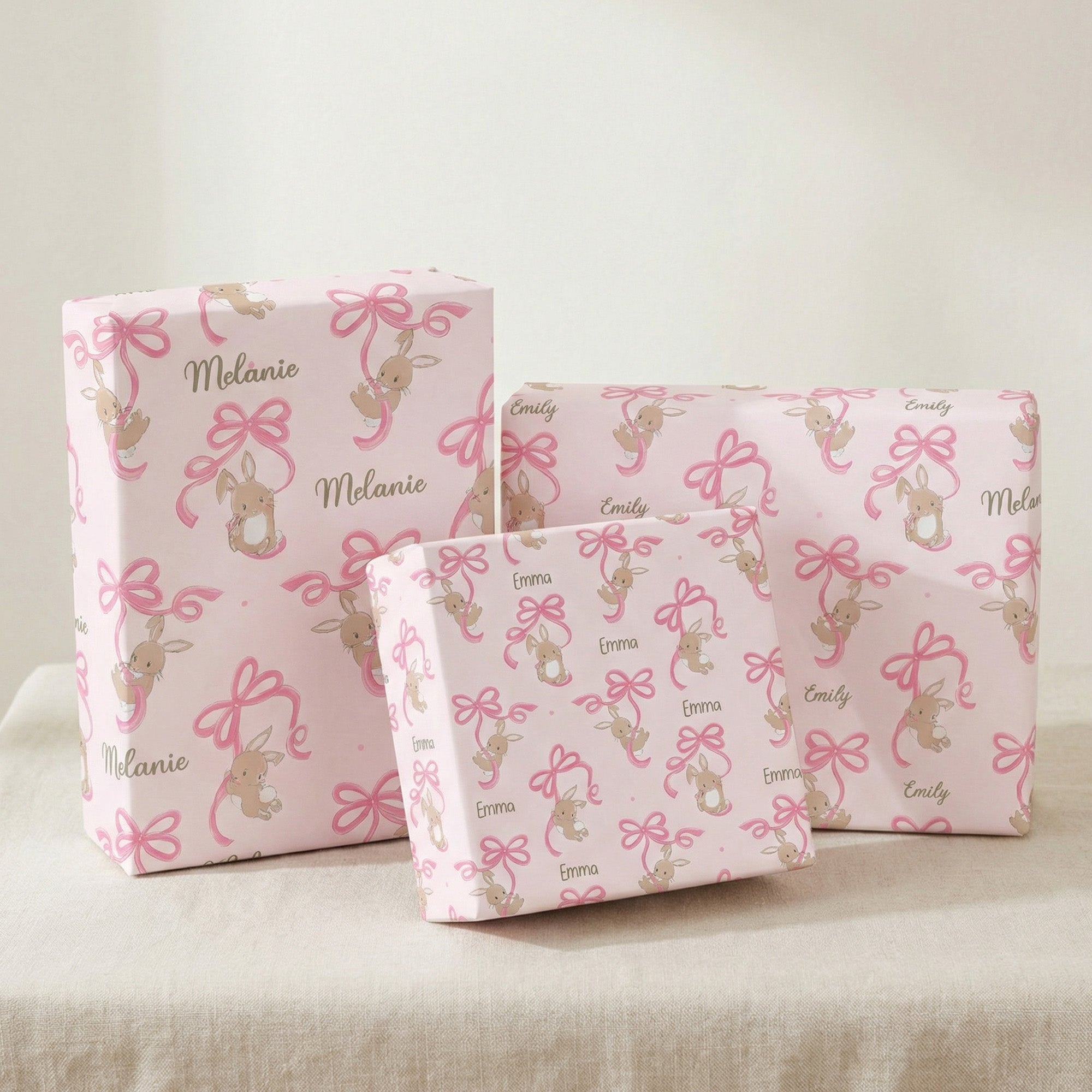 Papel de regalo personalizado con lazo de conejo y nombre Set de 3 regalos de Pascua para niños