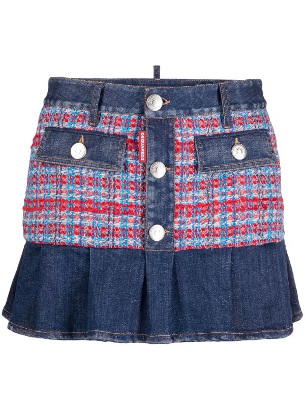Dsquared2 Checked Bouclé Panelled Denim Miniskirt — Blue