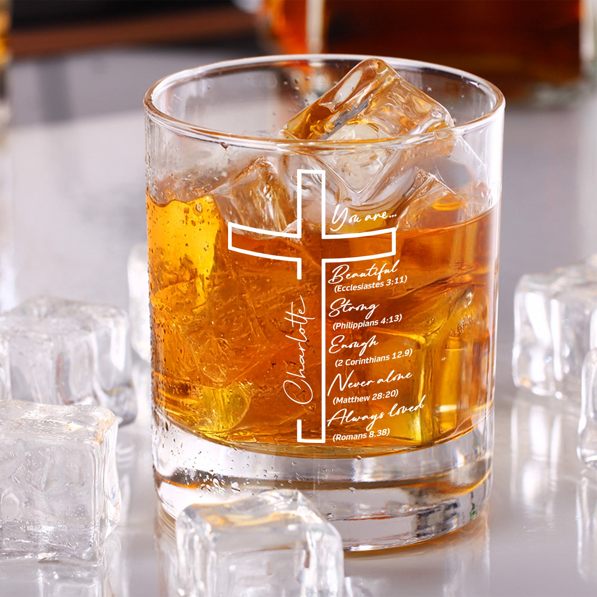 Cruz Personalizada Positiva Versículo de la Biblia 10 oz Rock Whiskey Glass con Nombre Uso Diario Regalo de Cumpleaños para Cristianos