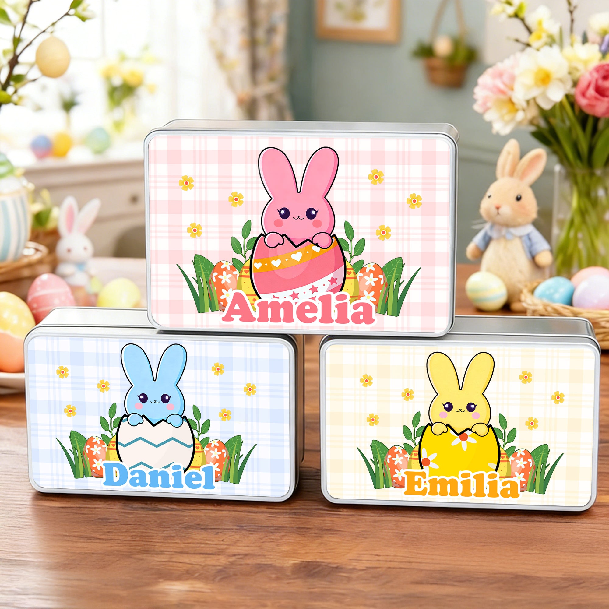 Conejito de Pascua personalizado Huevo de Pascua Caja de metal para galletas con nombre Regalo de Pascua para niños