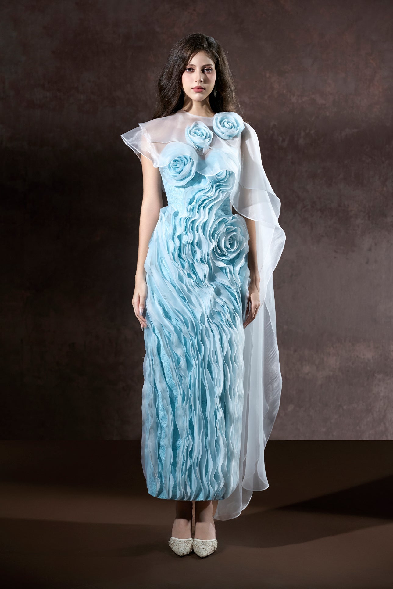 Ember Couture Dual Style Bandeau Layered 3D Roses Maxi Dress With Veil Blue