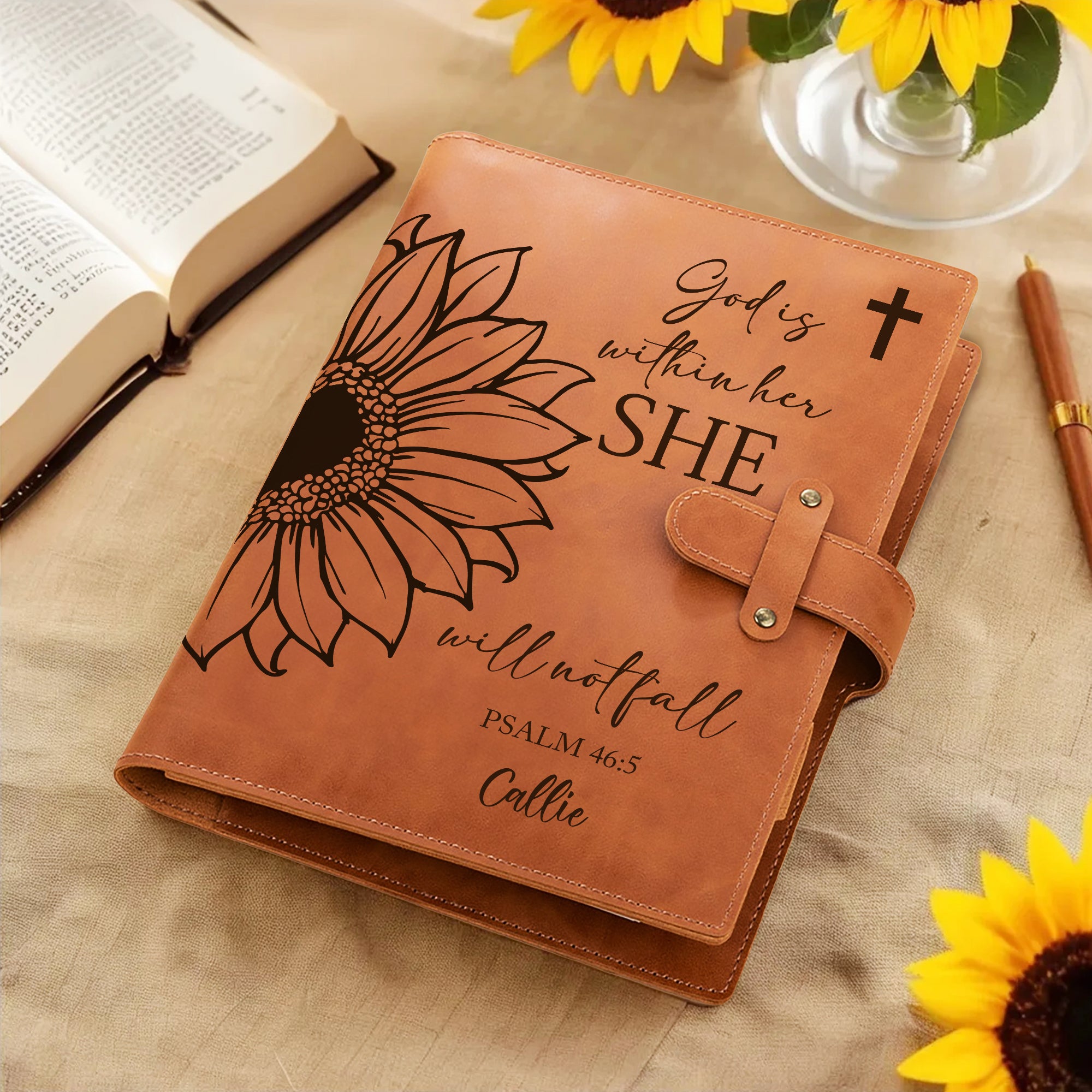 Funda A5 personalizado de cuero PU con diseño de girasol y versículo bíblico más bolsillo regalo de fe cristiana para mujeres
