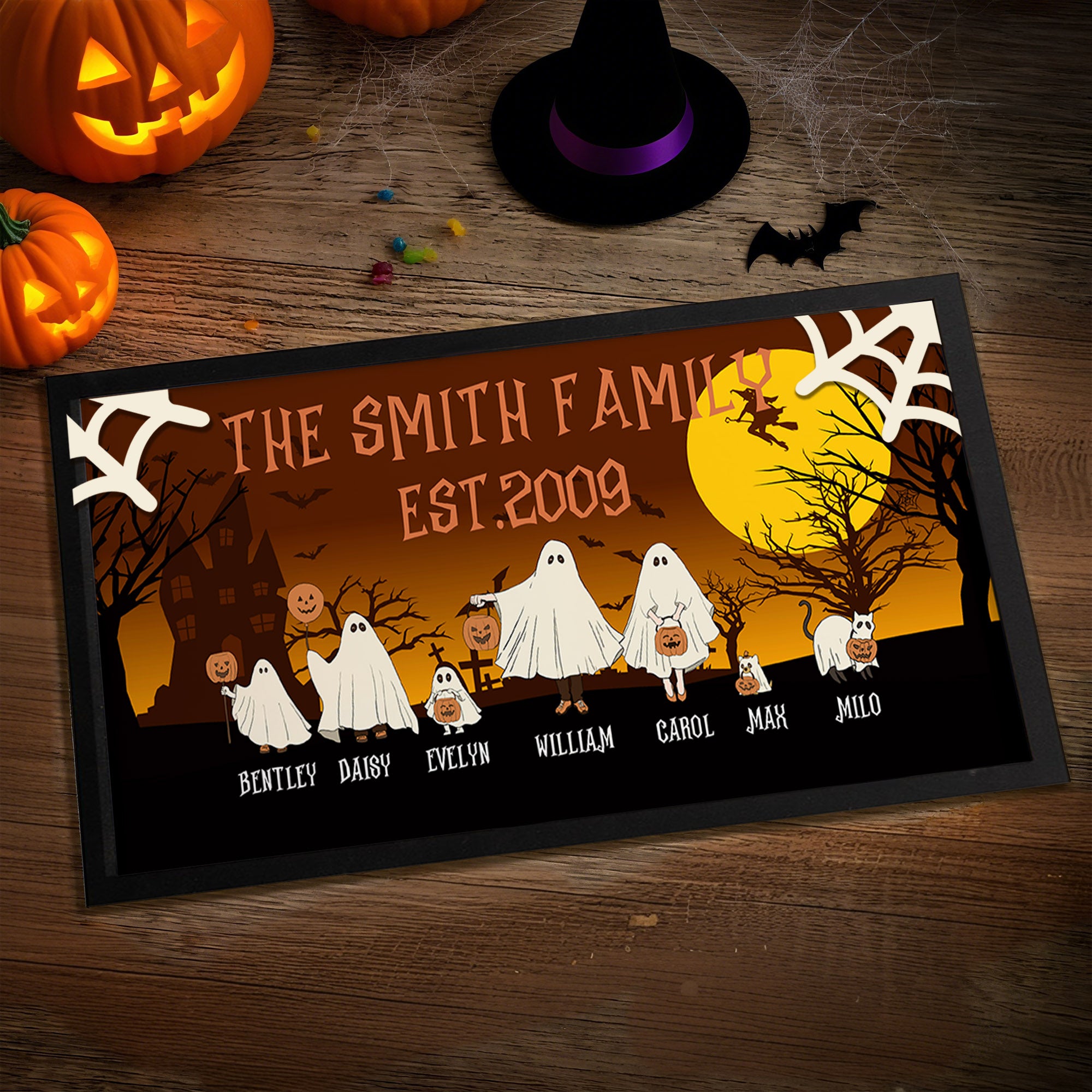 Personalizada Luna Calabaza Fantasma Marco de fotos de madera Ornamento con el título y el nombre Decoración para el hogar Regalo de Halloween para los amigos de la familia