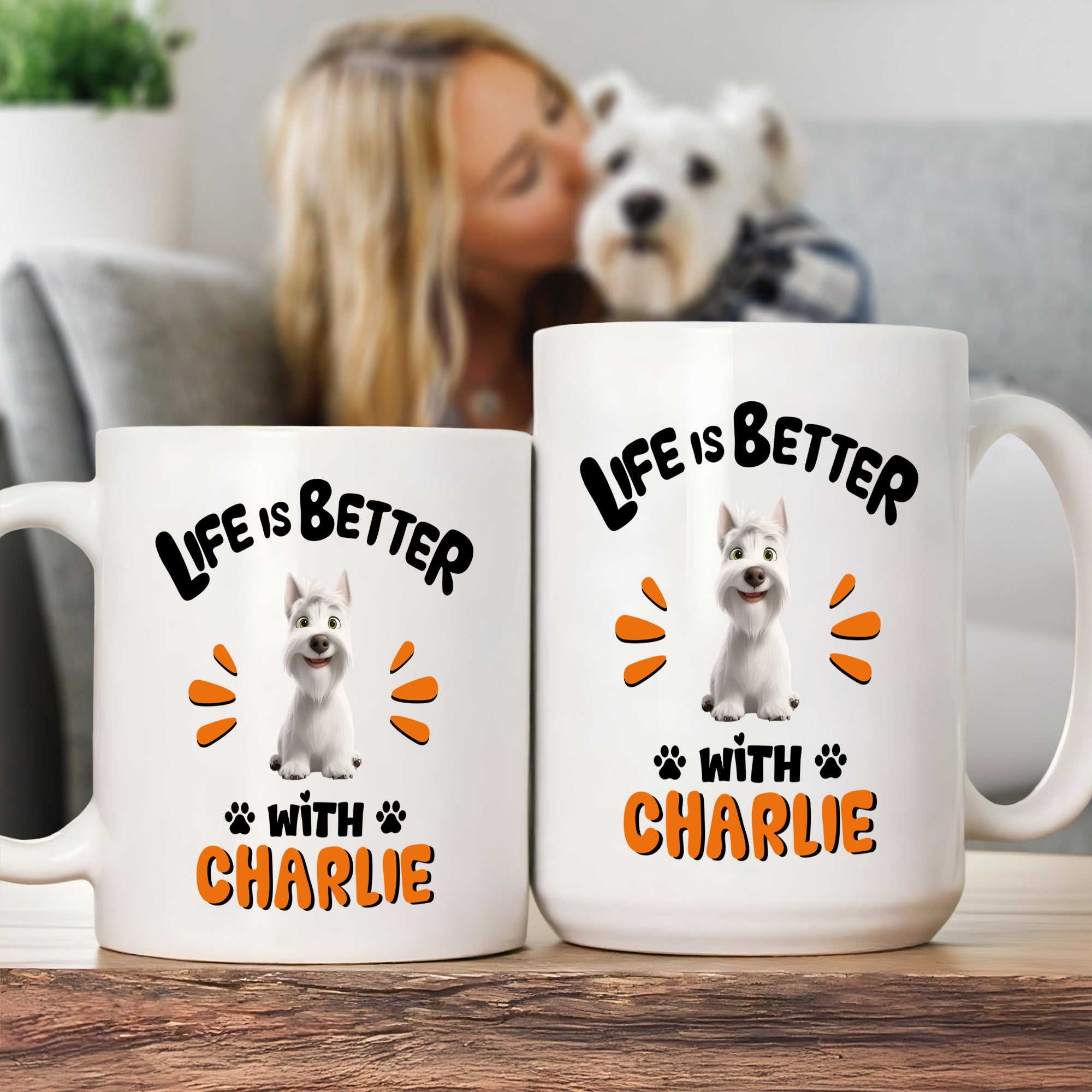 Taza personalizada La vida es mejor con 1-3 perros de dibujos animados con nombre Cumpleaños Aniversario Regalo para amantes de los perros