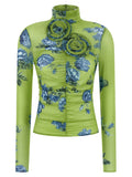 Magda Butrym Floral Print with 3D Rose Detail Blouse — Lime Green