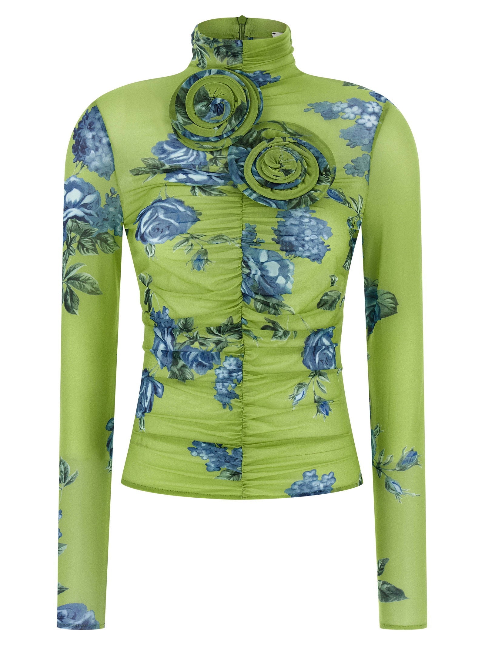 Magda Butrym Floral Print with 3D Rose Detail Blouse — Lime Green