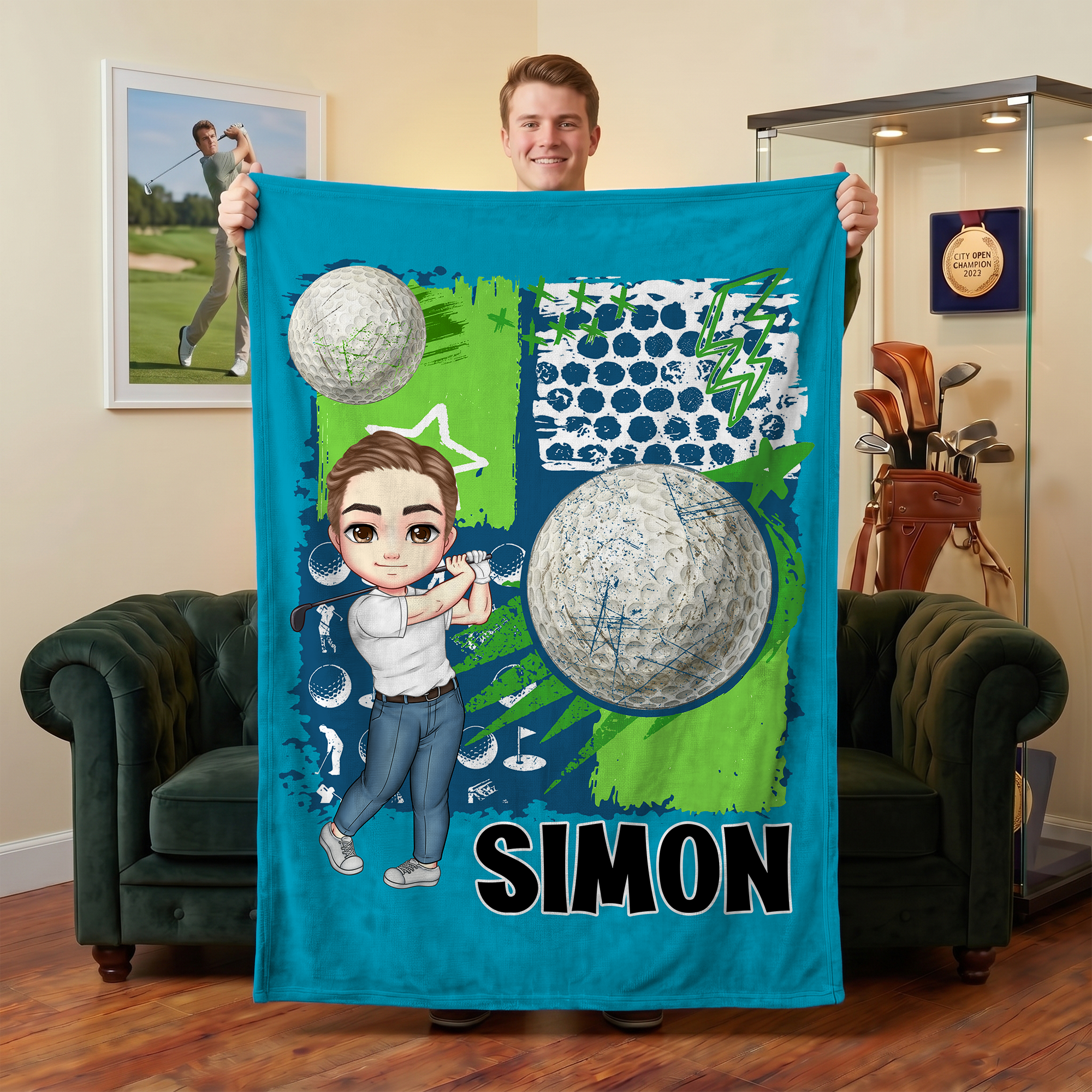 Personalizado Multicolor Cartoon Character Golf Soft Throw Blanket with Name Home Decor Team Birthday Gift for Golf Lovers