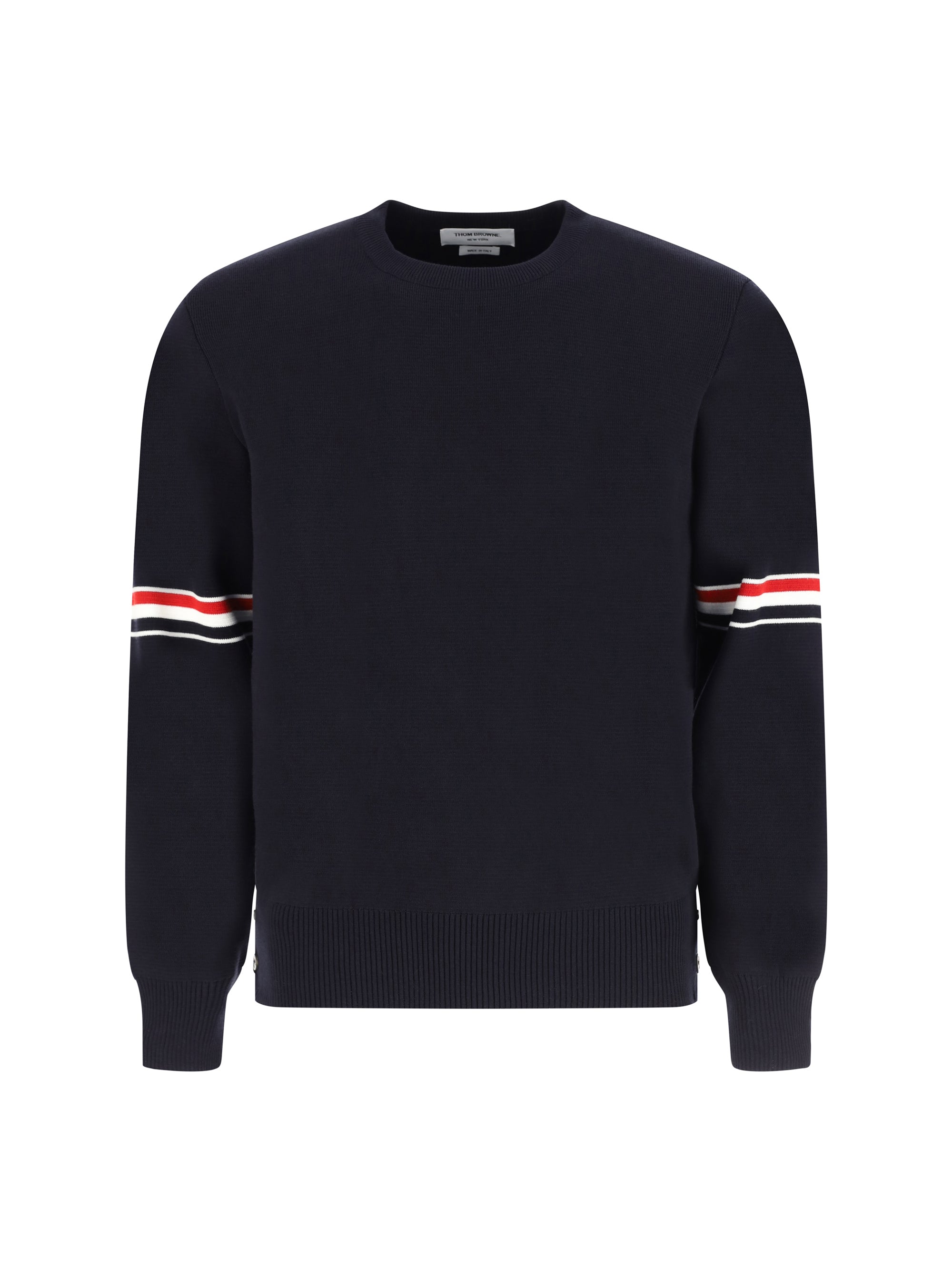Thom Browne Striped-Sleeve Cotton Sweater — Navy