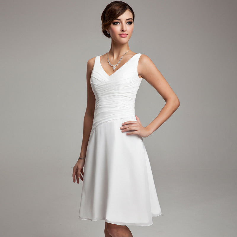 Bridal Wedding Dress Ivory Sleeveless Short V-Neck A-line Chiffon