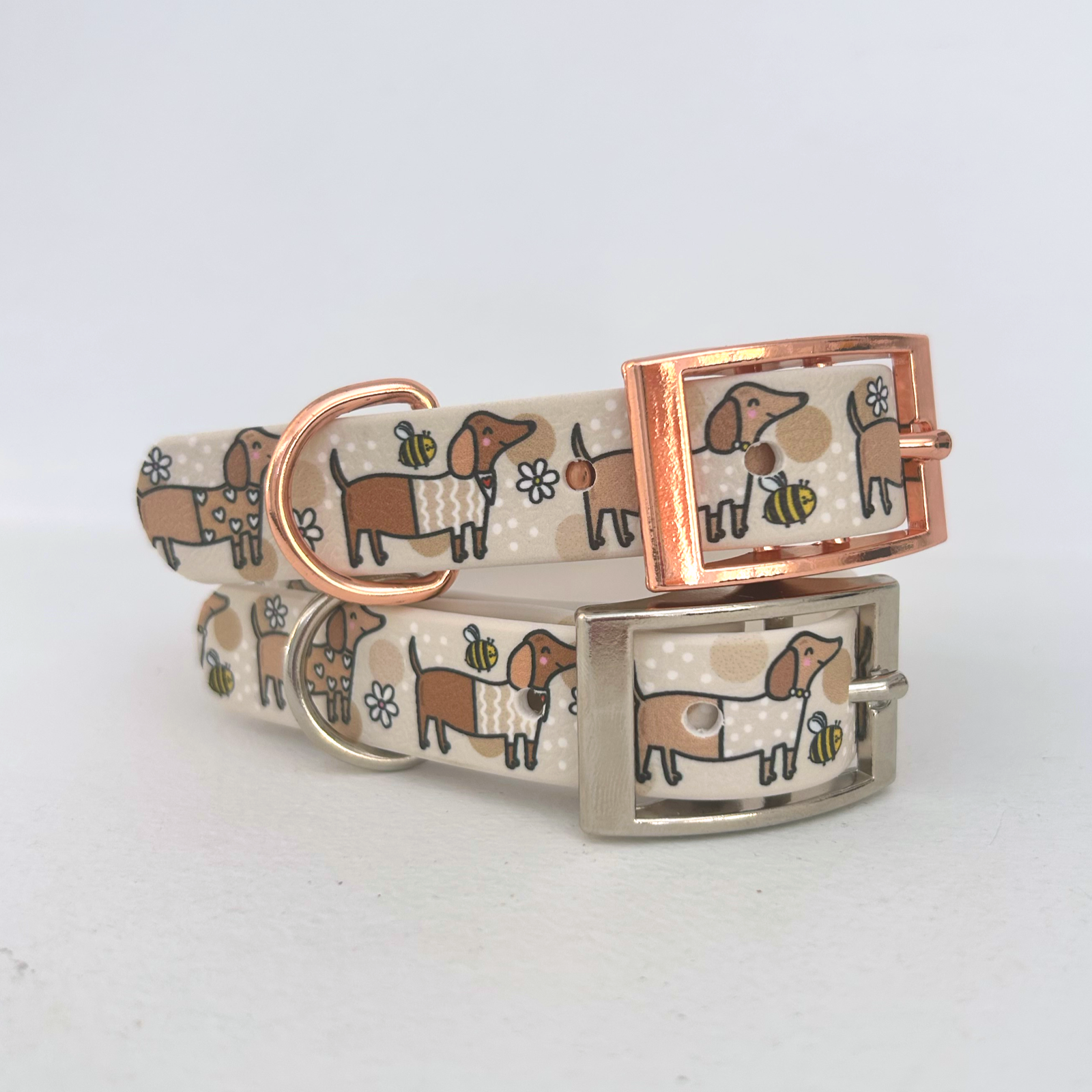 Bee Happy Dachshunds Beige Handmade Dog Collar