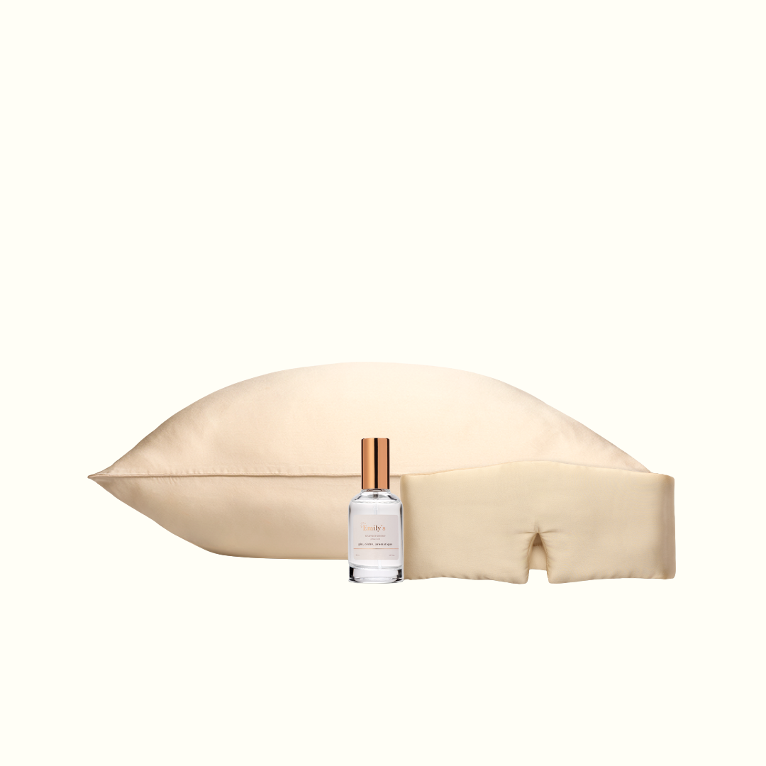 Pack sérénité - Taie en soie, masque de nuit bandeau et brume d'oreiller