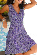 Wrap V Neck Printed Sleeveless Flowy Dress