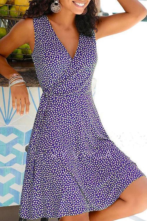 Wrap V Neck Printed Sleeveless Flowy Dress