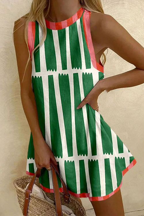 Round Neck Color Block Striped Mini Tank Dress