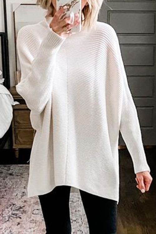 Solid Turtleneck Ribbed Knit Tunic Sweater