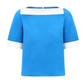 Turquoise Linen Boat Neck Top with White Trim