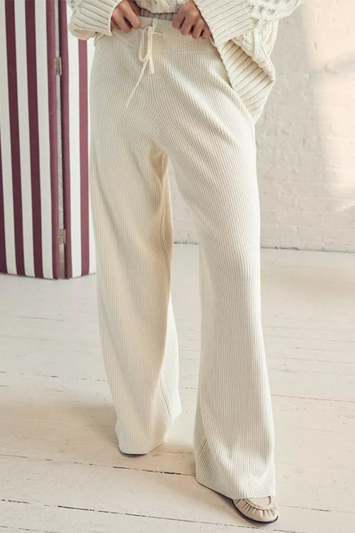 Drawstring Waist Ribbed Knit Wide Leg Pants