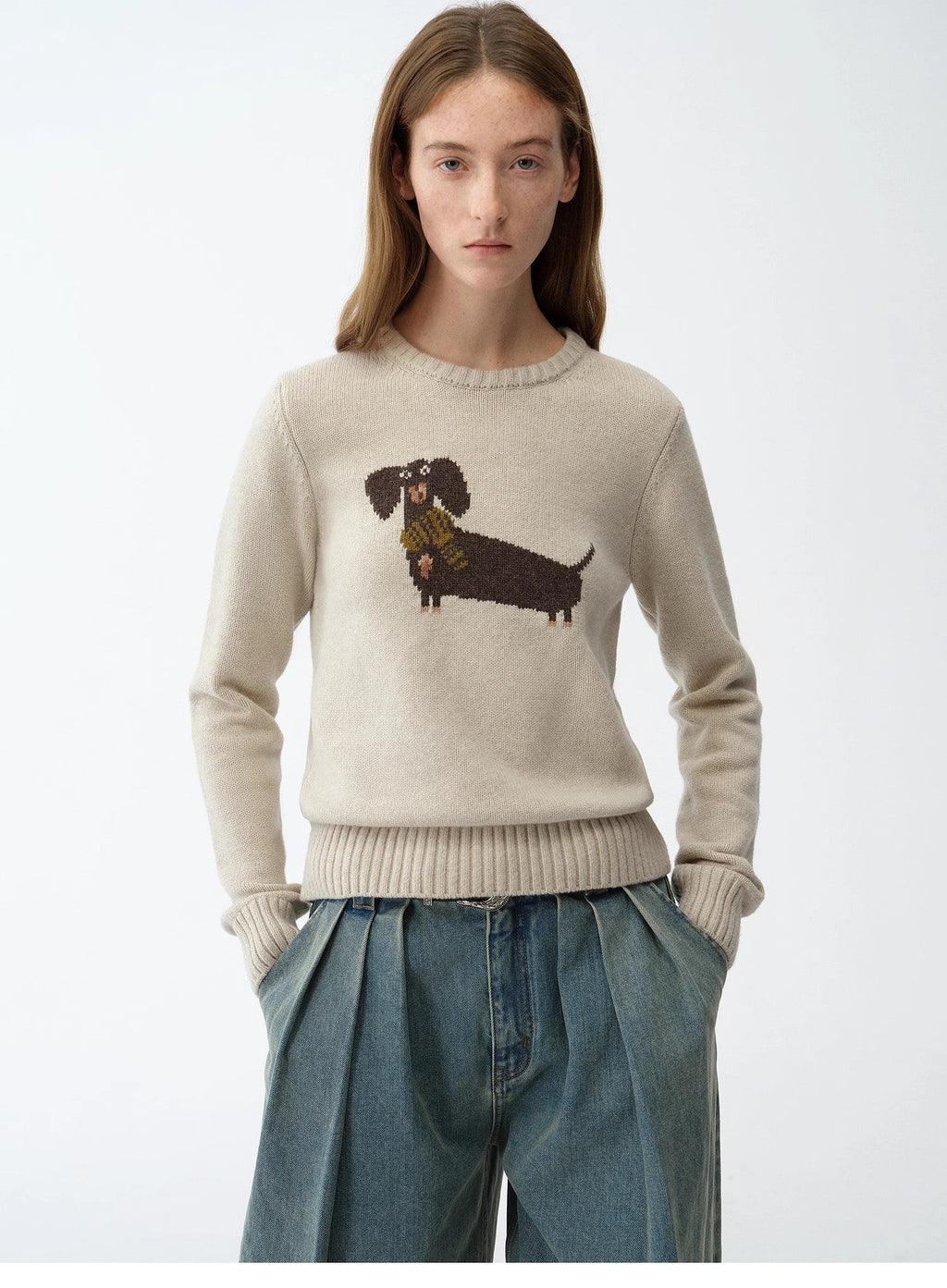 Brani Superfine Merino Wool Cotton Blend Animal Jacquard Round Neck Sweater for Women