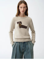 Brani Superfine Merino Wool Cotton Blend Animal Jacquard Round Neck Sweater for Women