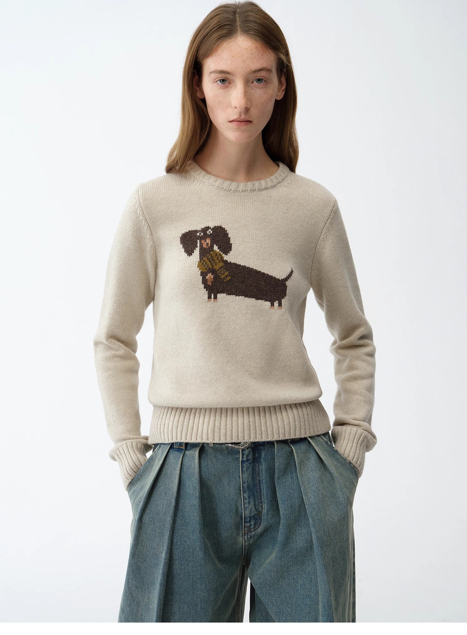 Brani Superfine Merino Wool Cotton Blend Animal Jacquard Round Neck Sweater for Women