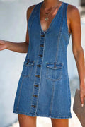 V Neck Buttons Racerback Sleeveless Denim Dress