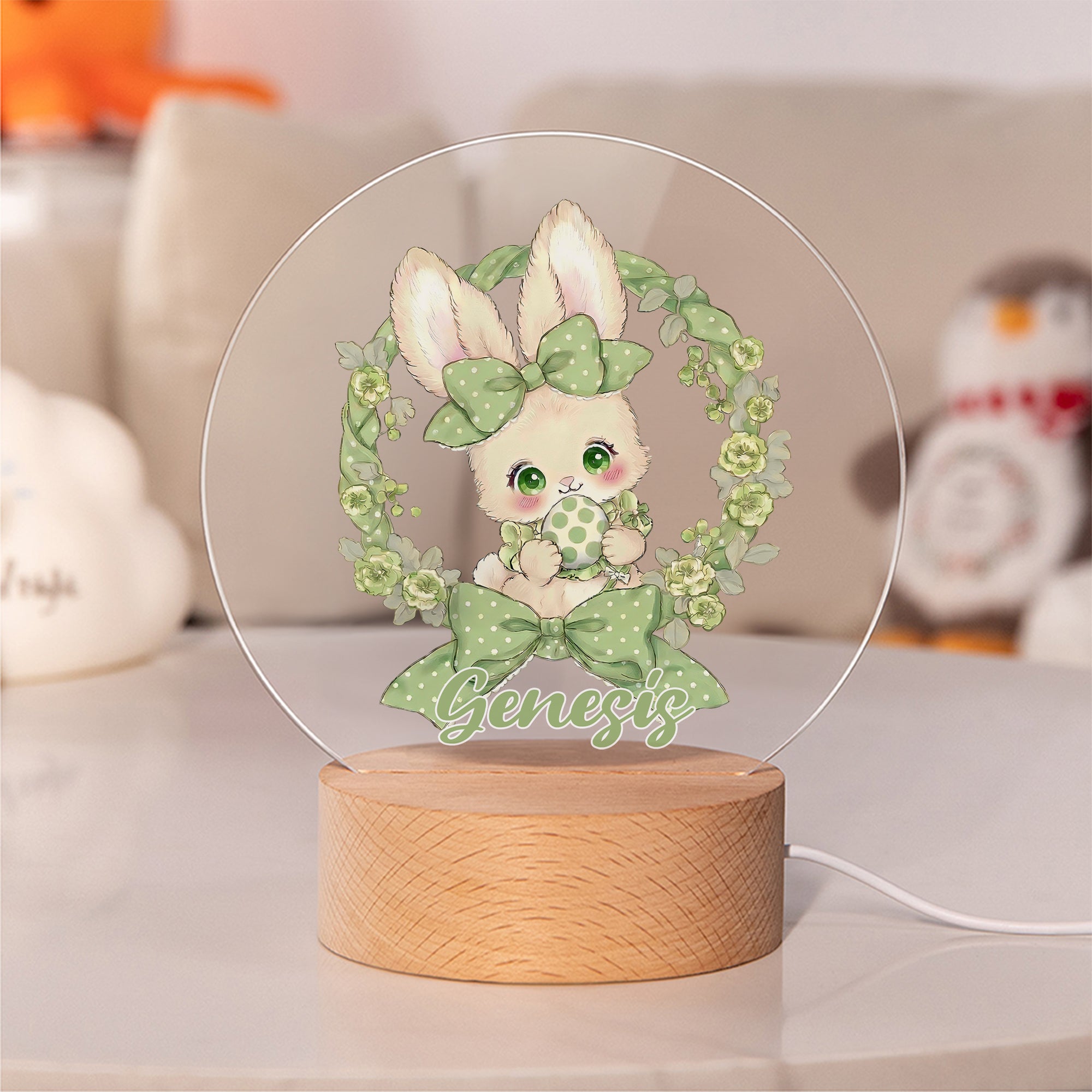 Conejito de Pascua de lunares multicolor personalizado Luz nocturna LED con nombre y base de madera Regalo de Pascua para niños