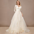 Bridal Wedding Dress Ivory-Cream 1 2 Sleeve Long V-Neck Ball-Gown Princess