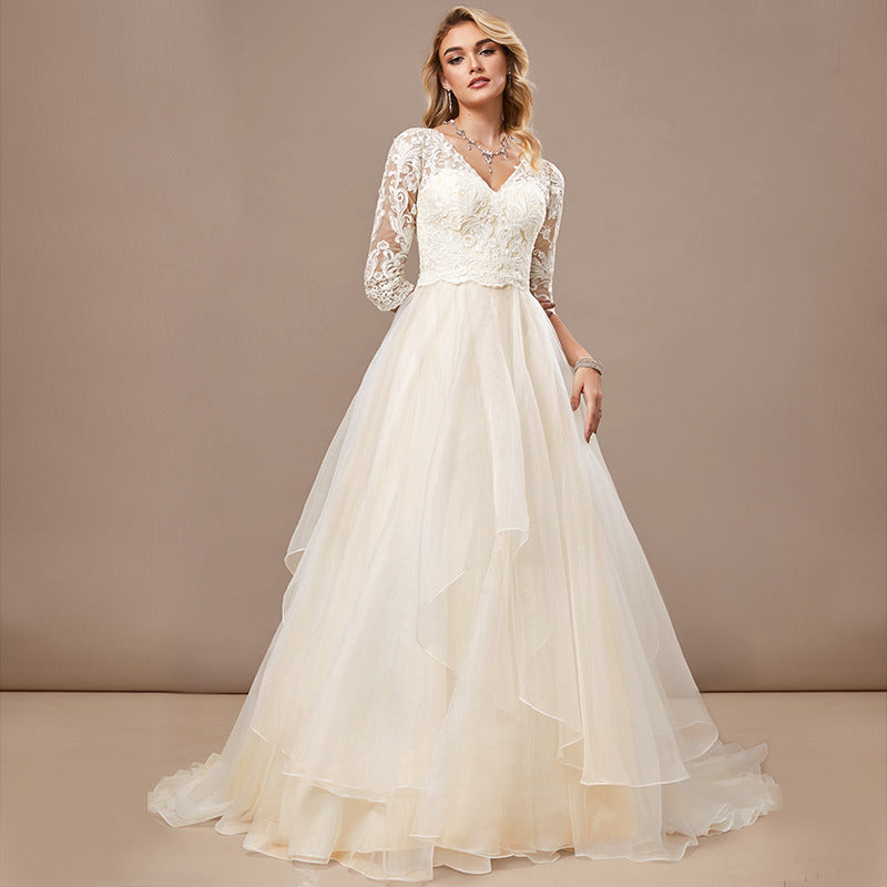 Bridal Wedding Dress Ivory-Cream 1 2 Sleeve Long V-Neck Ball-Gown Princess
