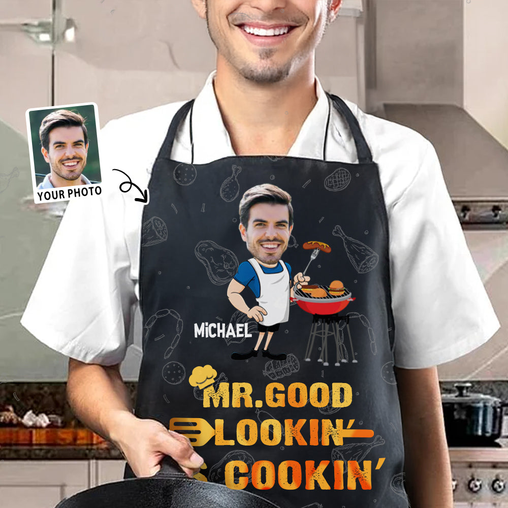Personalizado Divertido MR. GOOD LOOKIN Face Foto Barbacoa Impermeable Ajustable Delantal para Hombre con Nombre Día del Padre Cumpleaños Regalo para Hombre BBQ Master