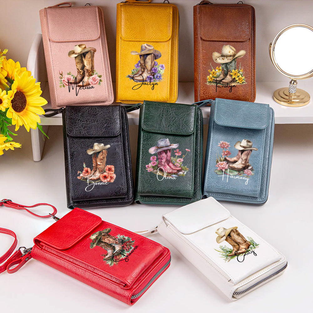 Personalizado Cowgirl sombrero de nacimiento de flores Botas de cuero PU Crossbody cartera con nombre y ranuras para tarjetas de viaje Accesorios de regalo de cumpleaños para las mujeres