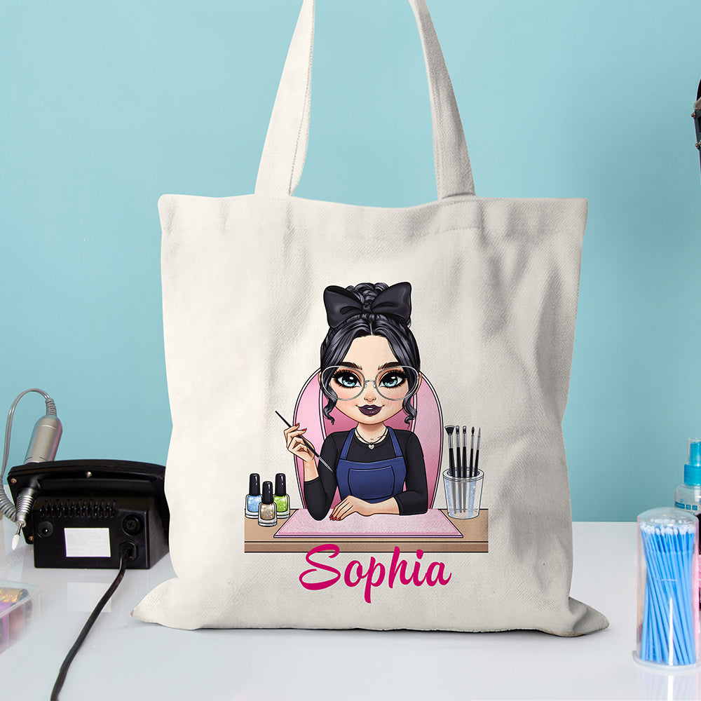 Personalizado lindo personaje de dibujos animados manicurista Bolsa de lona con nombre Salón de belleza Apertura de regalo de cumpleaños para los técnicos de uñas
