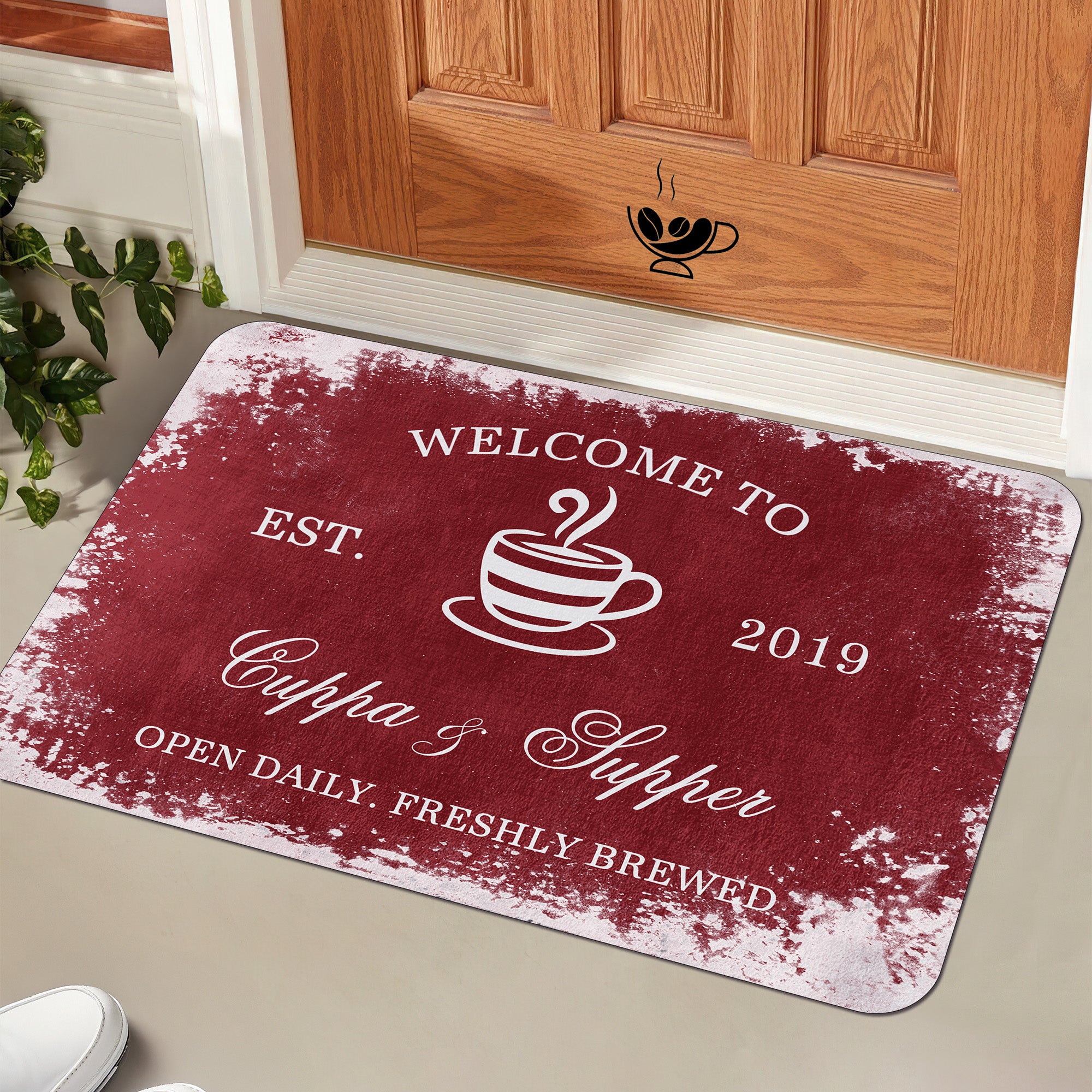 Felpudo Personalizado Welcome to Coffee Efecto Óxido con Año y Texto Accesorio para Bar Cafetería Regalo de Apertura para Barista Amante del Café