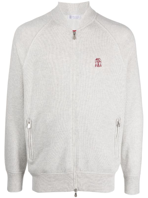 Brunello Cucinelli Logo-Embroidered Cashmere Cardigan — light grey