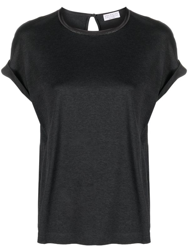 Brunello Cucinelli Keyhole-Detail Cotton T-Shirt — Anthracite Grey