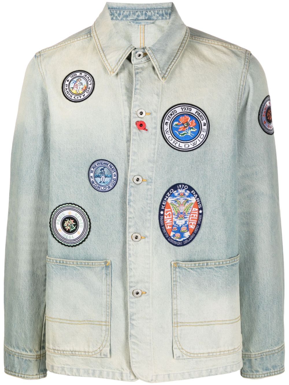 Kenzo Travel Badge Embroidered Denim Jacket — light blue