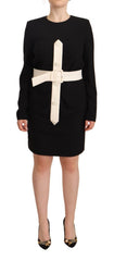 Women's Black Wool Long Sleeves Belted Mini Sheath Dress